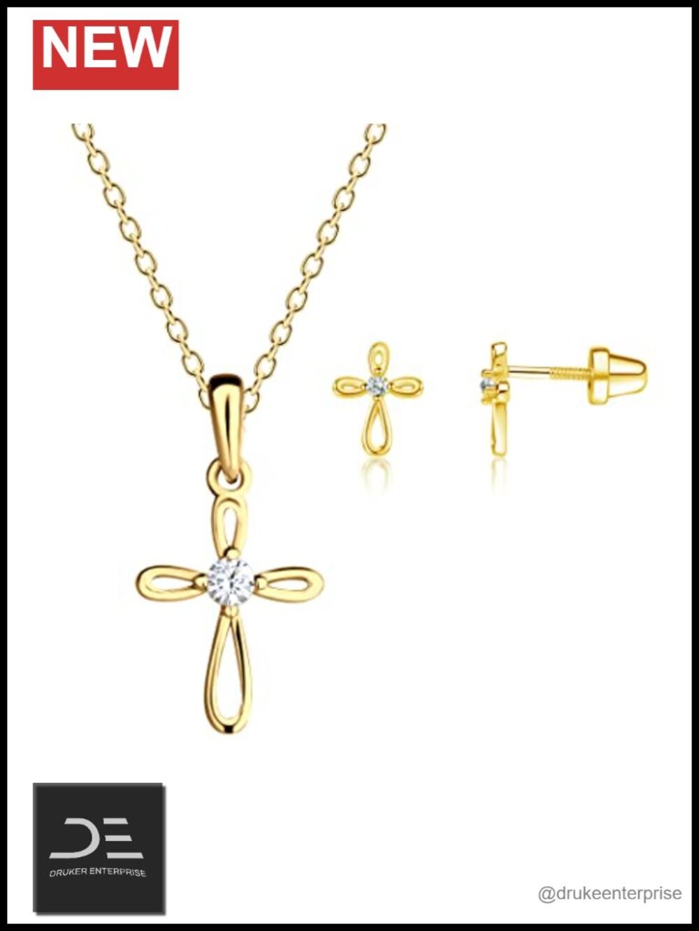14K Gold-Plated Over Sterling Silver Infinity Cross Necklace Earring Set for